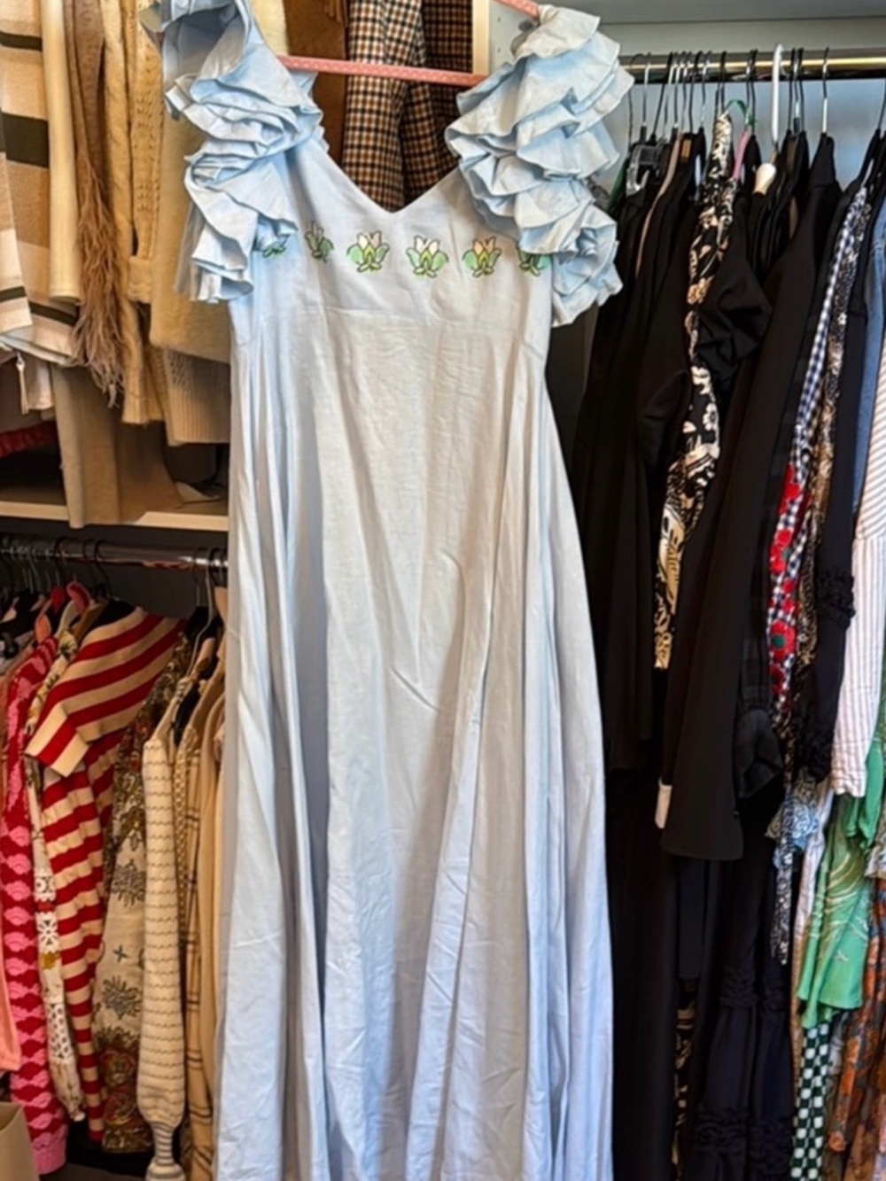 Fanm Mon Light Blue Maxi Dress with Ruffle Sleeves and Green Embroidery